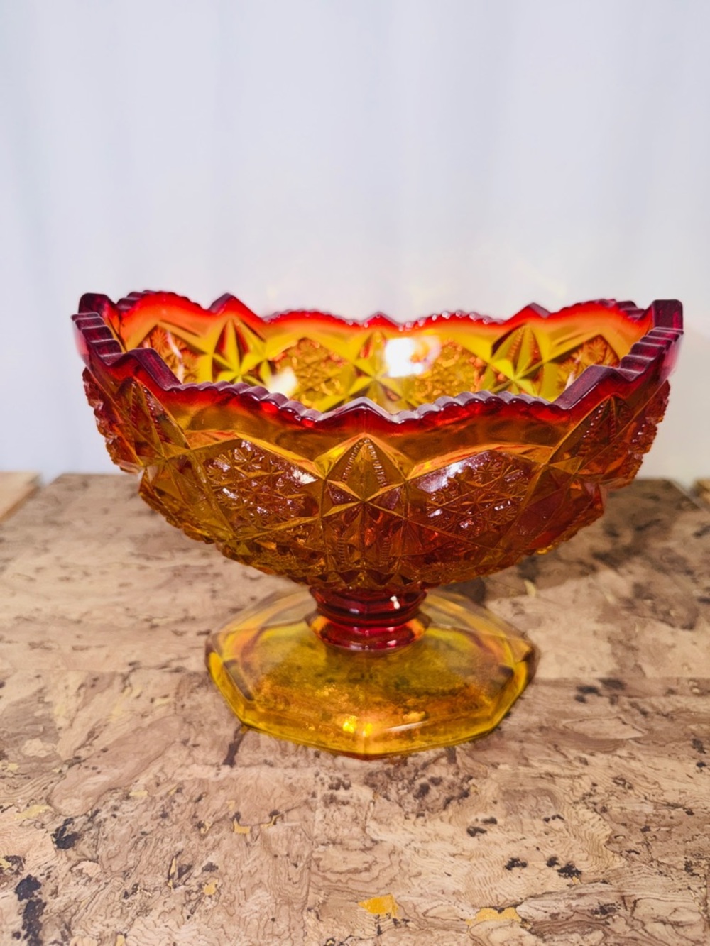 Amberina McKee Kemple Toltec Design Oval Footed Saw Tooth Edge Compote Bowl - Picture 4 of 6